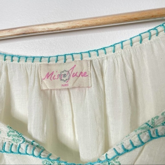 Miss June White Green Embroidered Blouse OS - Picture 10 of 12